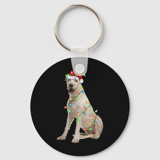 Xmas Lights Santa Hat Irish Wolfhound Dog Christma Keychain (Front)