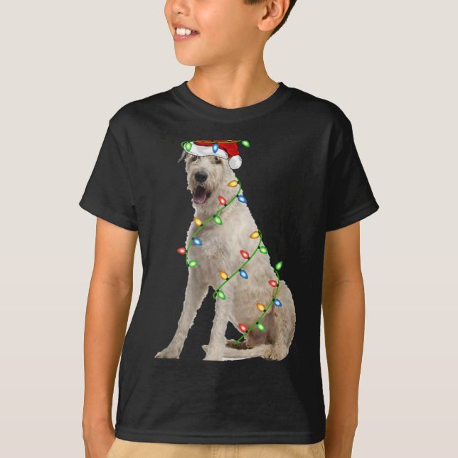 Xmas Lights Santa Hat Irish Wolfhound Dog Christma T-Shirt (Front)