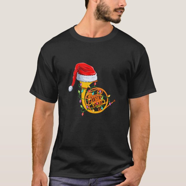 Xmas Lights Santa Hat Musical French Horn Christma T-Shirt (Front)