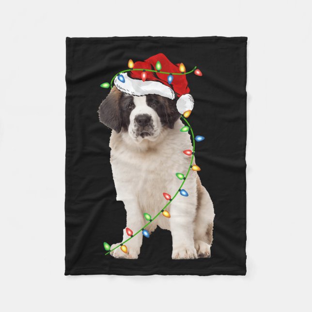 Xmas Lights Santa Hat Saint Bernard Dog Christmas  Fleece Blanket (Front)