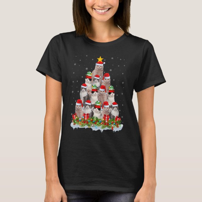 Xmas Lights Santa Scottish Fold Cat Christmas Tree T-Shirt (Front)
