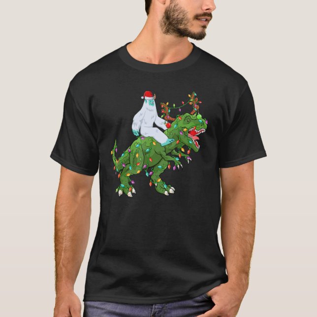 Xmas Lights Santa Yeti Riding Dinosaur Trex Christ T-Shirt (Front)