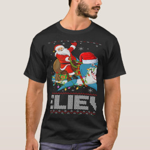 Xmas Lights Shark Believe Ugly Santa Riding Shark T-Shirt