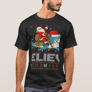 Xmas Lights Shark Believe Ugly Santa Riding Shark T-Shirt