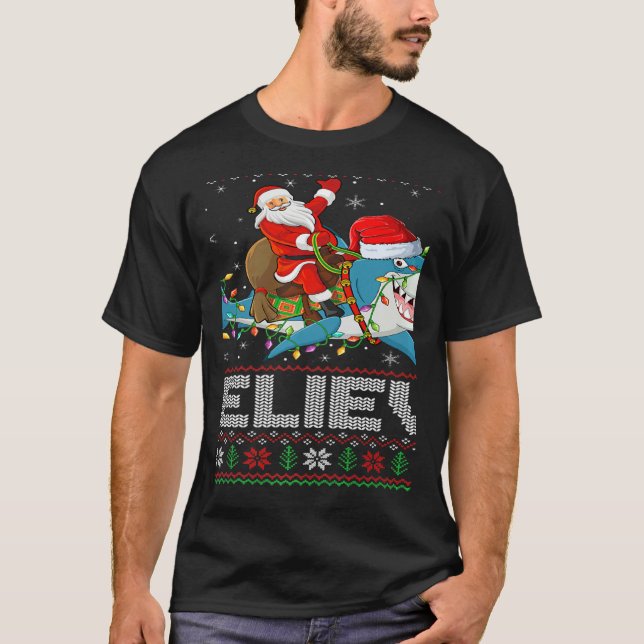 Xmas Lights Shark Believe Ugly Santa Riding Shark  T-Shirt (Front)