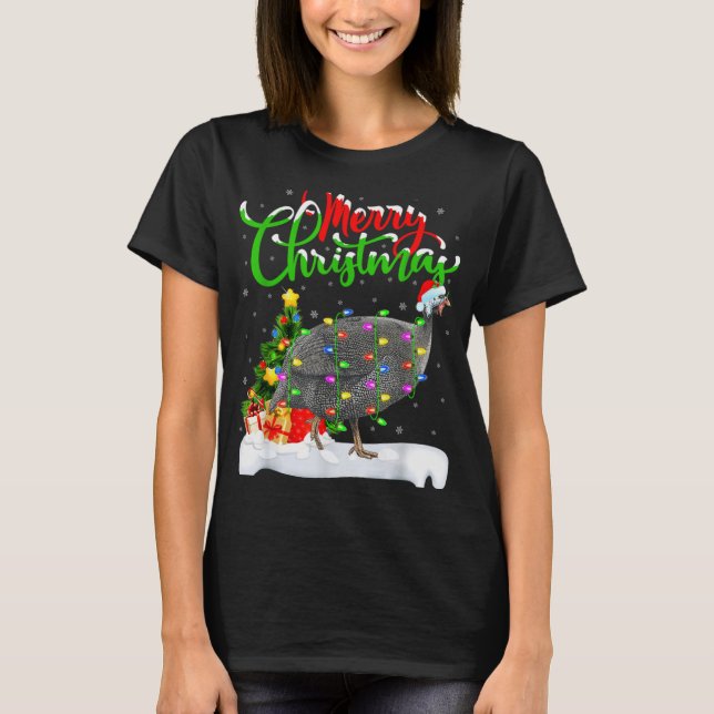 Xmas Lights Tree Santa Guinea Fowl Bird Merry Chri T-Shirt (Front)
