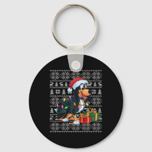 Xmas Lights Ugly Santa Black And Tan Coonhound Dog Keychain