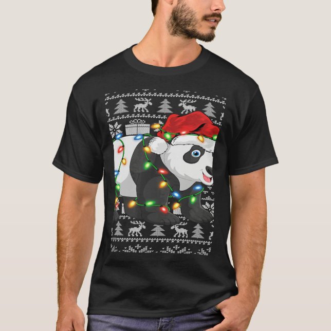 Xmas Lights Ugly Santa Hat Panda Christmas T-Shirt (Front)