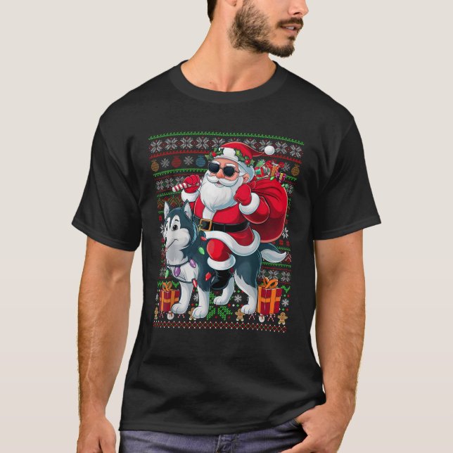 Xmas Lights Ugly Style Santa Riding Husky Dog Chri T-Shirt (Front)