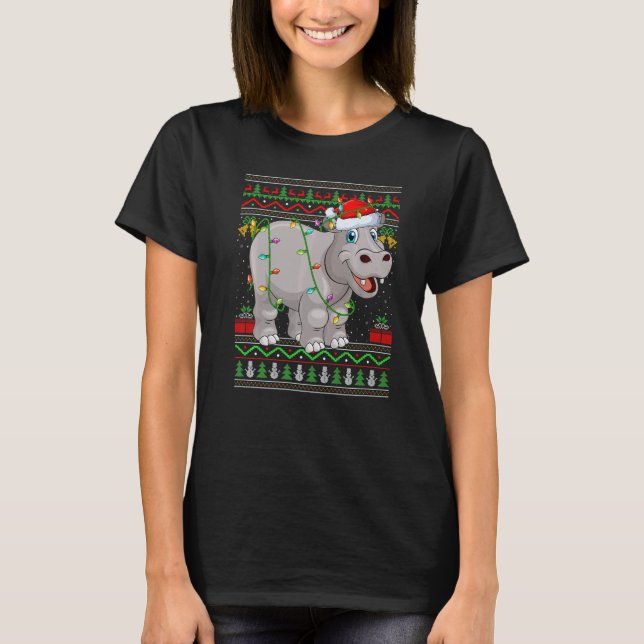 Xmas Lights Ugly Sweater Style Santa Hippopotamus  (Front)