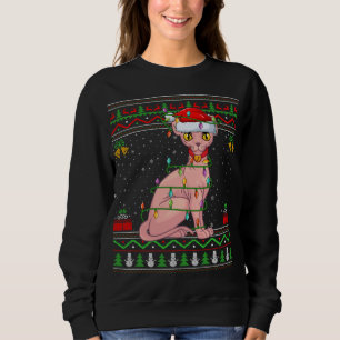 Xmas Lights Ugly Sweater Style Santa Sphynx Cat Ch