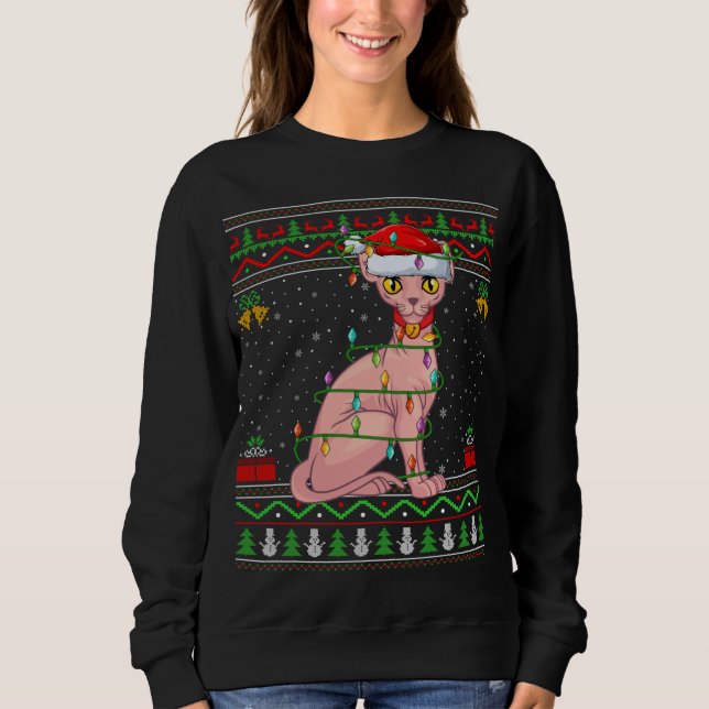 Xmas Lights Ugly Sweater Style Santa Sphynx Cat Ch (Front)