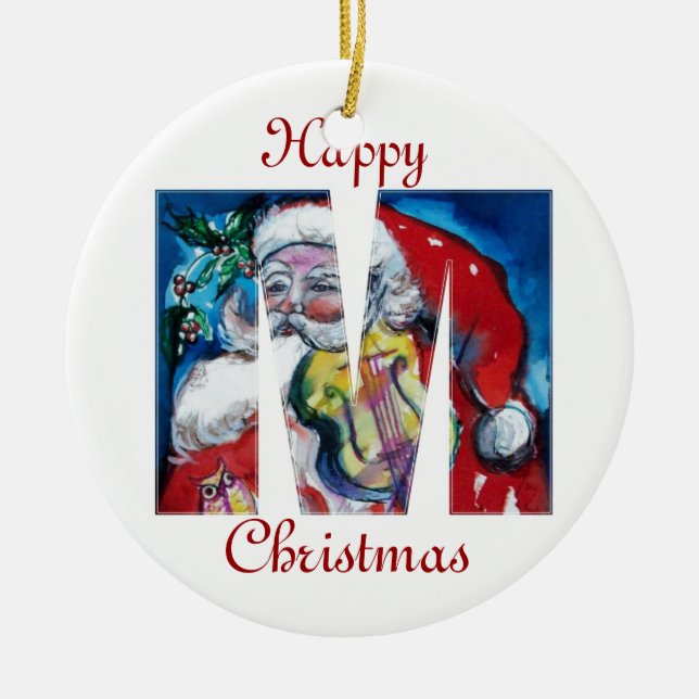 XMAS M LETTER /SANTA  CLAUS WITH VIOLIN MONOGRAM CERAMIC ORNAMENT (Front)
