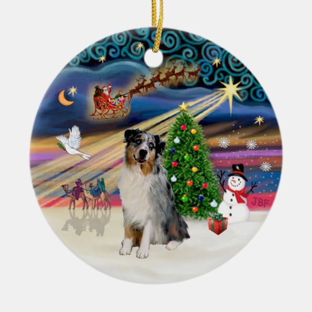 Xmas Magic - Aussie Shepherd (merle) Ceramic Ornament (Front)