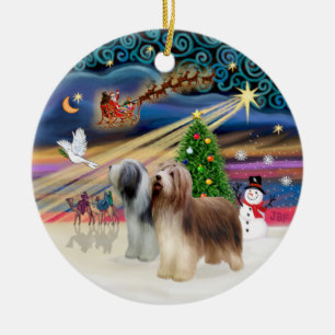 Xmas Magic - Bearded Collie (two standing) Ceramic Ornament