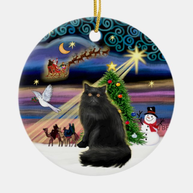 Xmas Magic - Black Persian cat Ceramic Ornament (Front)
