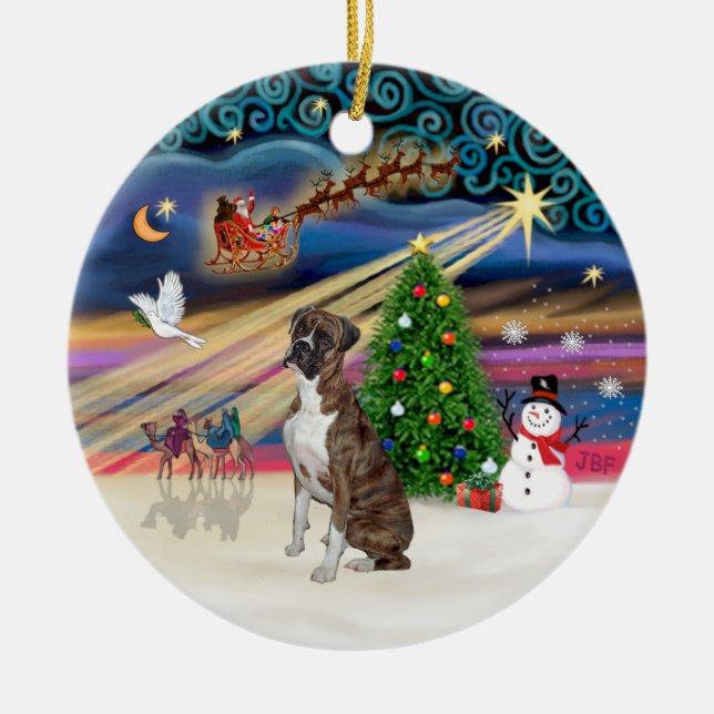 Xmas Magic - Boxer (Brindle-natural) Ceramic Ornament (Front)