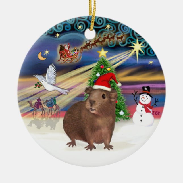 Xmas Magic - Brown Guinea Pig (Santa hat) Ceramic Ornament (Front)