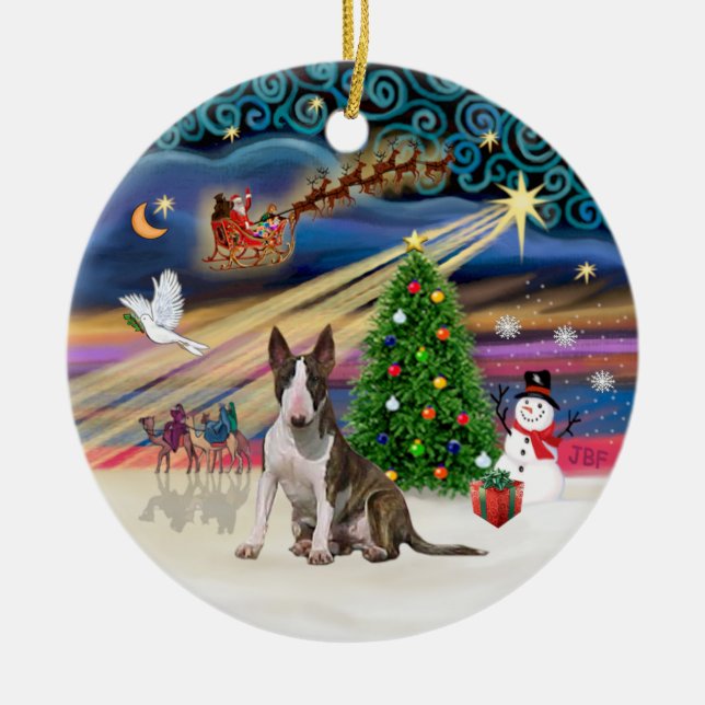 Xmas Magic - Bull Terrier (brindle-white0 Ceramic Ornament (Front)