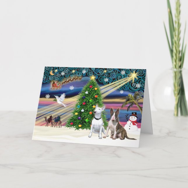 Xmas Magic-Bull Terrier Pair Holiday Card (Front)