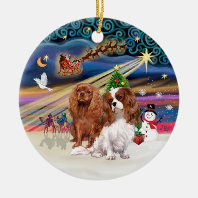 Xmas Magic - Cavaliers (two-Ruby-Blenheim) Ceramic Ornament (Front)