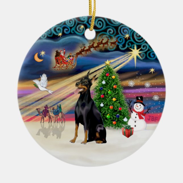 Xmas Magic - Doberman (black-tan) Ceramic Ornament (Front)