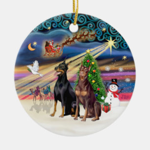 Xmas Magic - Dobermans (TWO-Blk-Red) Ceramic Ornament