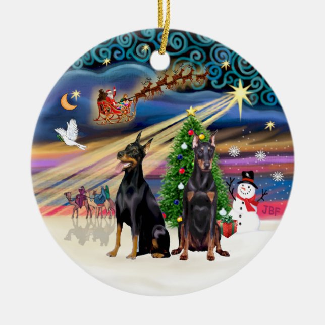 Xmas Magic - Dobermans (two) Ceramic Ornament (Front)