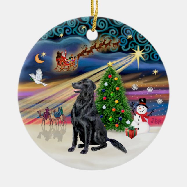 Xmas Magic - Flat Coated Retriever Ceramic Ornament (Front)