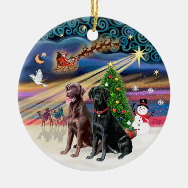 Xmas Magic - Labradors (black + chocolate) Ceramic Ornament (Front)