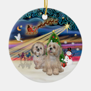 Xmas Magic - Lhasa Apsos (two-R-L) Ceramic Ornament