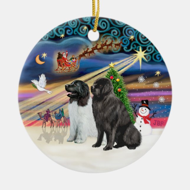 Xmas Magic - Newfoundlands (TWO-LdS+Black) Ceramic Ornament (Front)