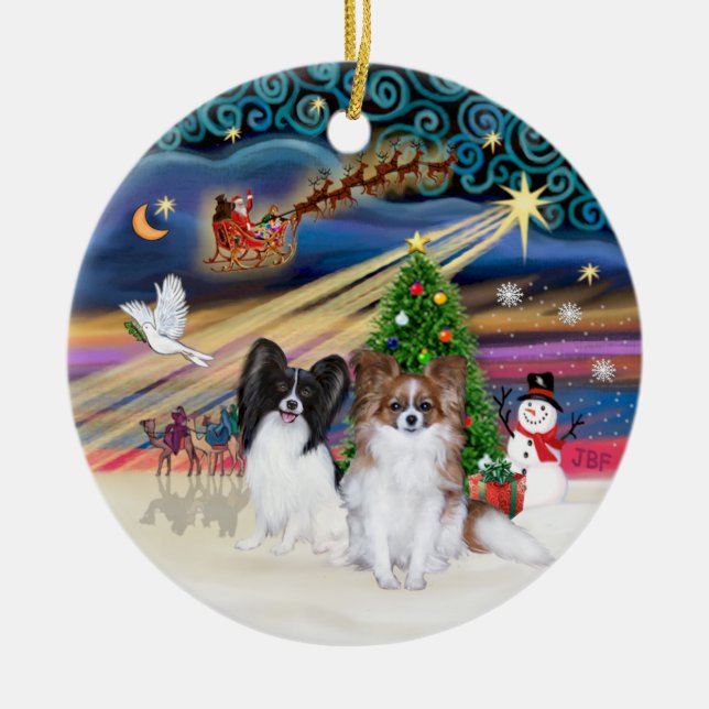 Xmas Magic - Papillons (two-BW+Sable) Ceramic Ornament (Front)
