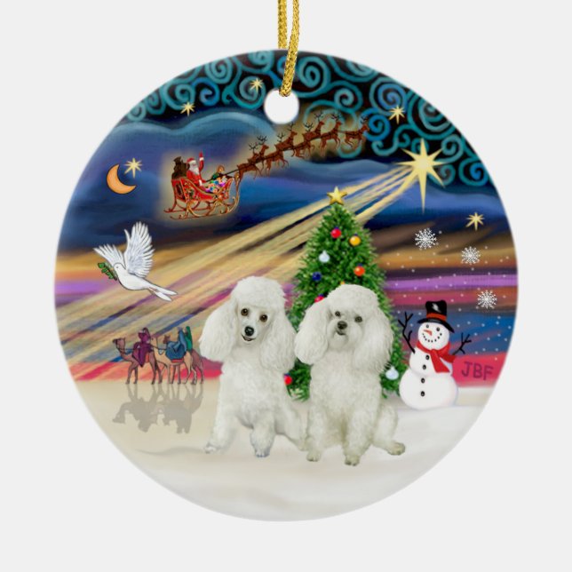 Xmas Magic - Poodles (TWO Toy white) Ceramic Ornament (Front)