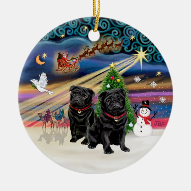 Xmas Magic - Pugs (TWO black) Ceramic Ornament (Front)