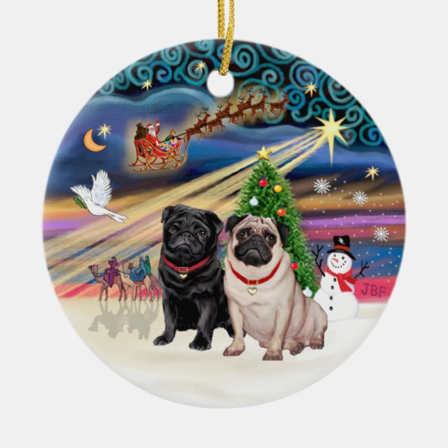 Xmas Magic - Pugs (TWO-fawn+black) Ceramic Ornament (Front)