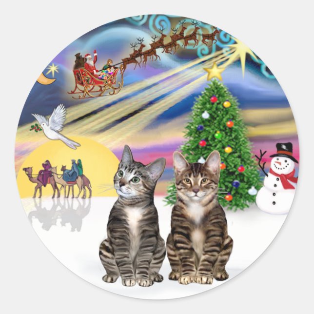 Xmas Magic (R) - Two Brown Tabby cats Classic Round Sticker (Front)