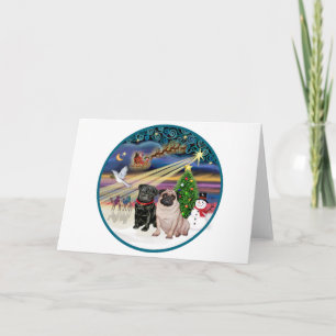 Xmas Magic (R) - Two Pugs (F + B) Holiday Card