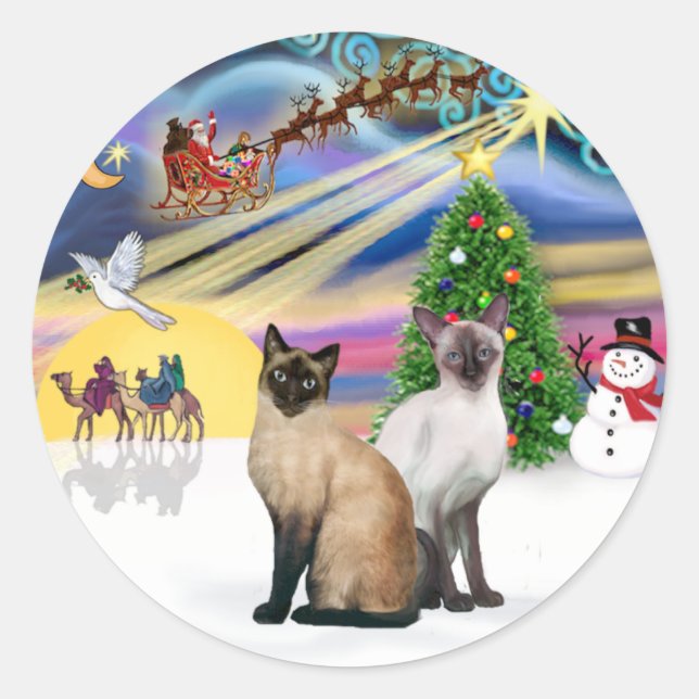 Xmas Magic (R) - Two Siamese cats Classic Round Sticker (Front)