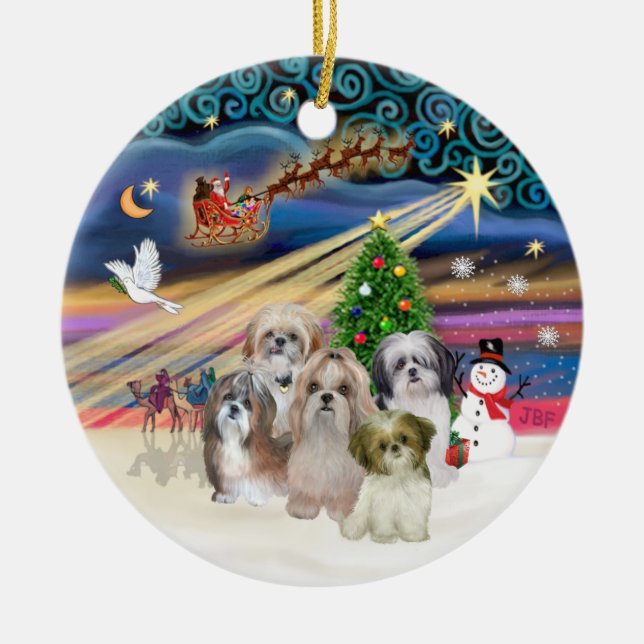 Xmas Magic - Shih Tzus (FIVE) Ceramic Ornament (Front)