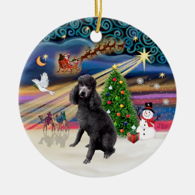 Xmas Magic - Standard black Poodle Ceramic Ornament (Front)