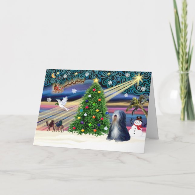 Xmas Magic-Tibetan Terrier (BW) Holiday Card (Front)