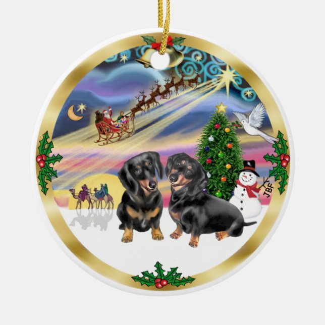 Xmas Magic - Two Black Dachshunds Ceramic Ornament (Front)
