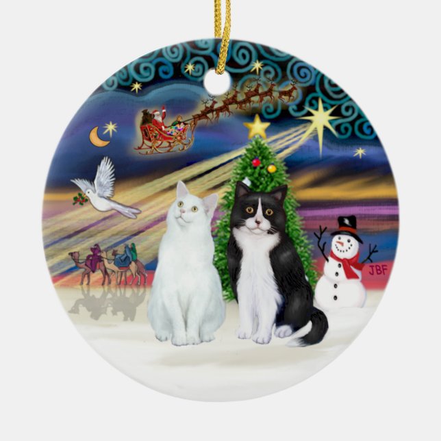 Xmas Magic - Two Cats - White + Black and White Ceramic Ornament (Front)