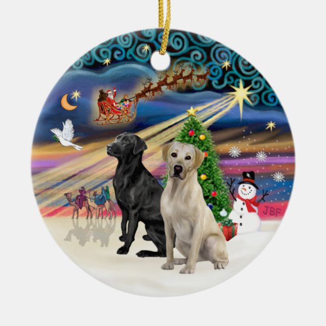 Xmas Magic - Two Labradors (Black +Yellow) Ceramic Ornament (Front)