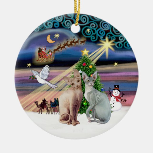 Xmas Magic - Two Sphynx cats Ceramic Ornament (Front)