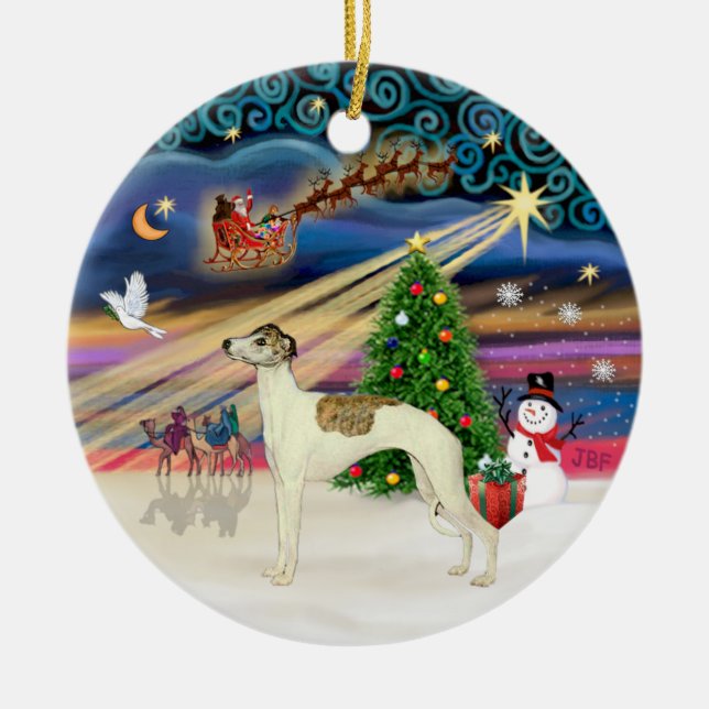 Xmas Magic - Whippet 3 (cream-brindle) Ceramic Ornament (Front)
