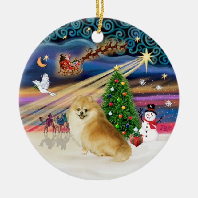 Xmas Magic - Wolf Sable Pomeranian Ceramic Ornament (Front)