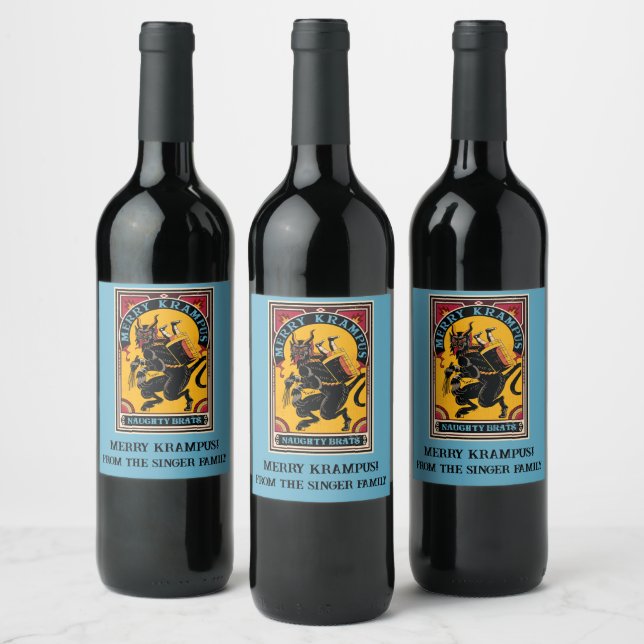 Xmas Merry Krampus Naughty Brats Circus Poster  Wine Label (Bottles)