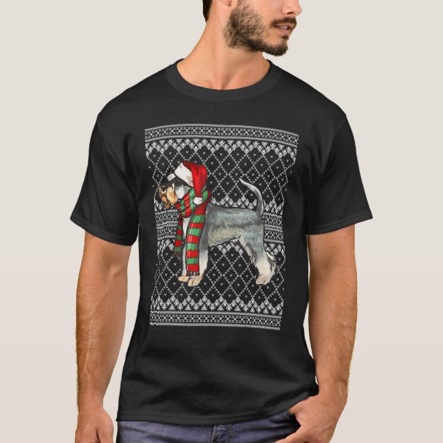 Xmas Miniature Schnauzer Santa Claus Hat Ugly Chri T-Shirt (Front)
